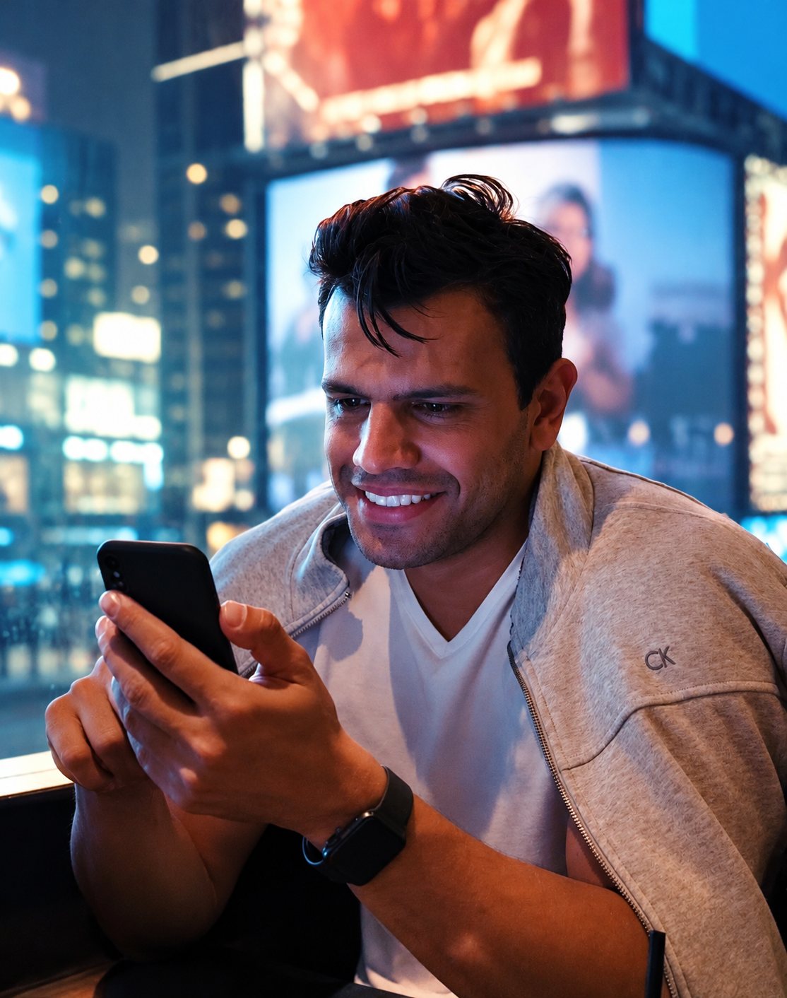 Daniel Malinoski sorrindo enquanto olha o celular, com as luzes da cidade ao fundo
